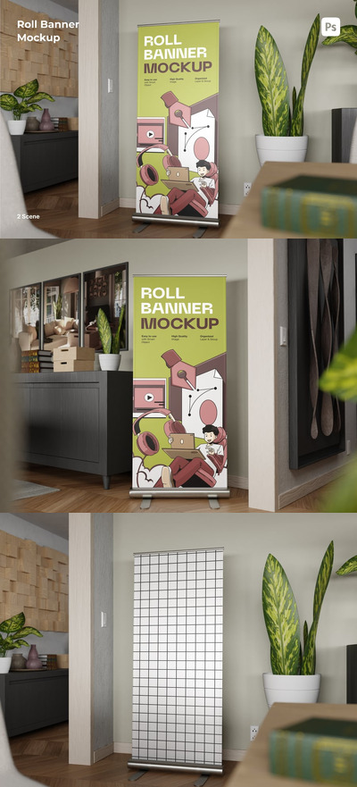 易拉宝滚动横幅逼真样机 (PSD)