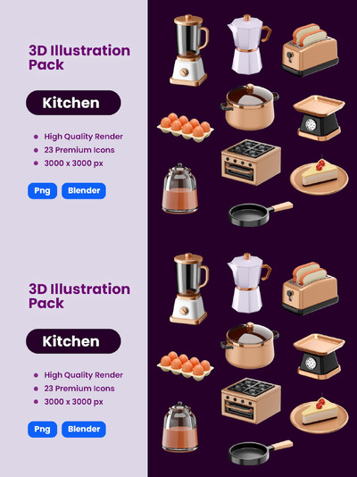 厨房烹饪 3D 插图图标 (PNG,Blend)