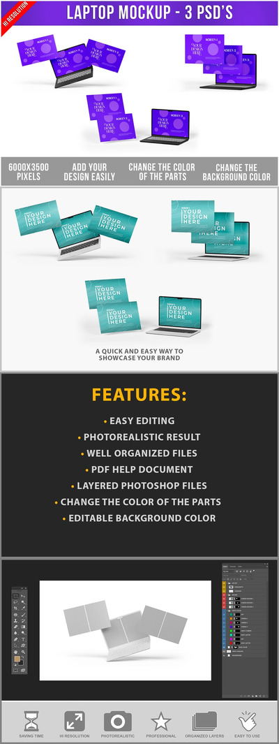 带弹出屏幕样机的笔记本电脑 (PSD)