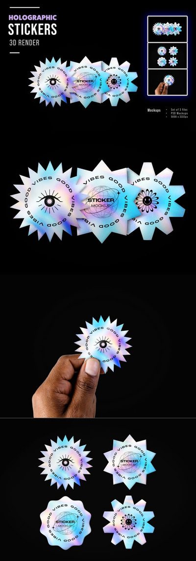 全息风格齿轮形状贴纸样机 (PSD)