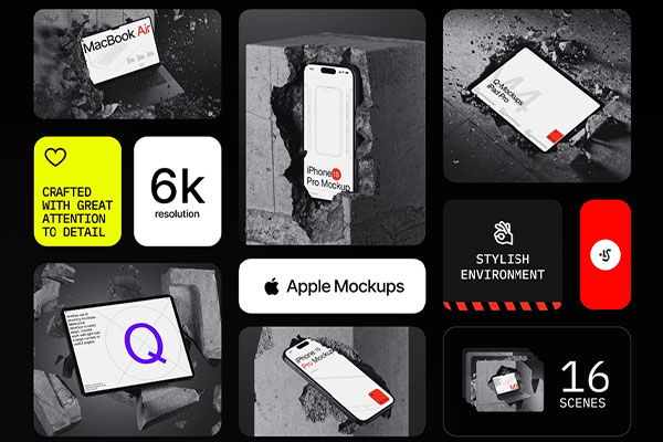 创意碎石场景的苹果设备（iPhone、iPad Pro 和 MacBook Air）样机大合集（PSD）