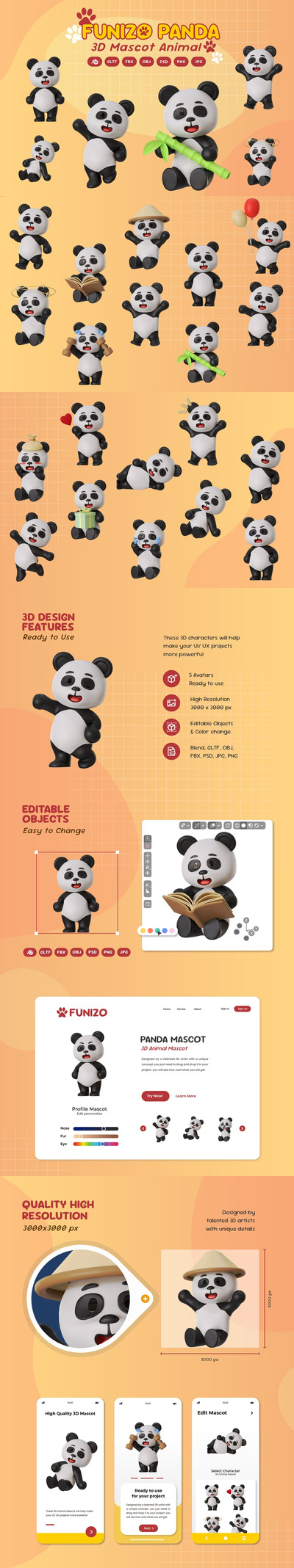 熊猫吉祥物动物3D卡通模型 (BLEND,GLTF,FBX,OBJ,PSD,PNG)