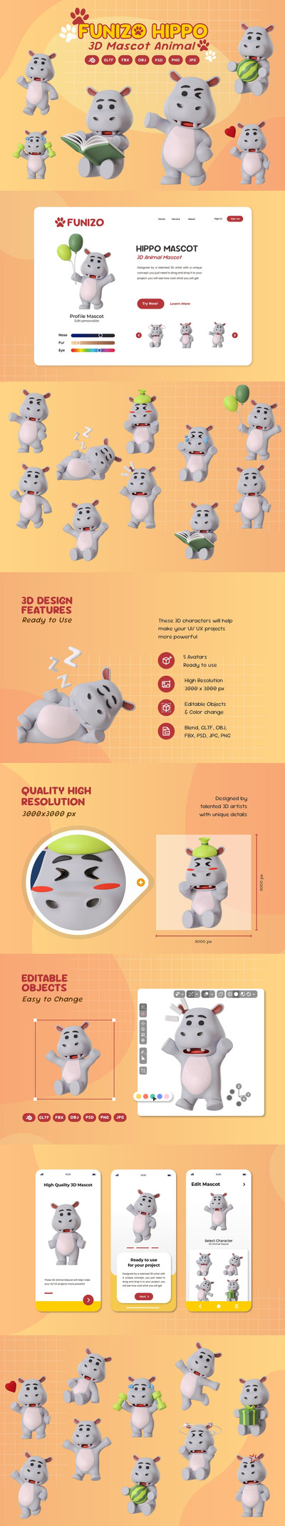 河马吉祥物动物3D卡通模型 (BLEND,GLTF,FBX,OBJ,PSD,PNG)