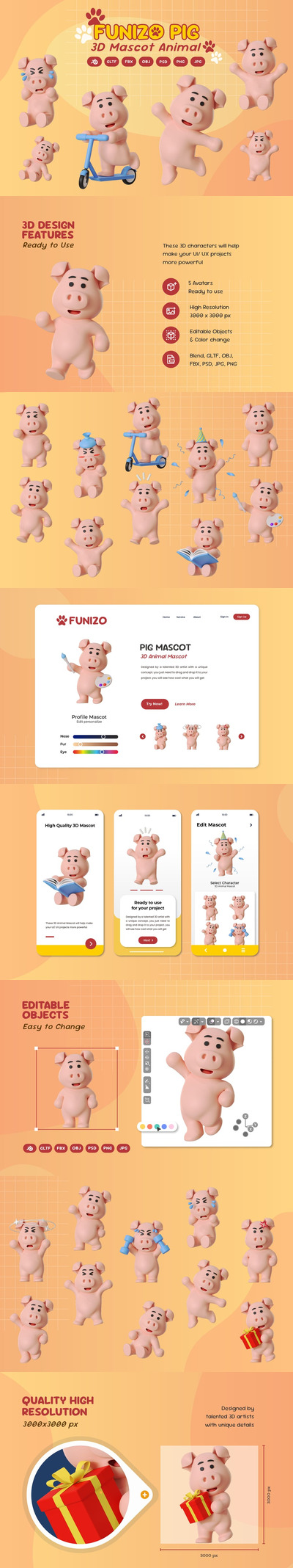 猪吉祥物动物3D卡通模型 (BLEND,GLTF,FBX,OBJ,PSD,PNG)