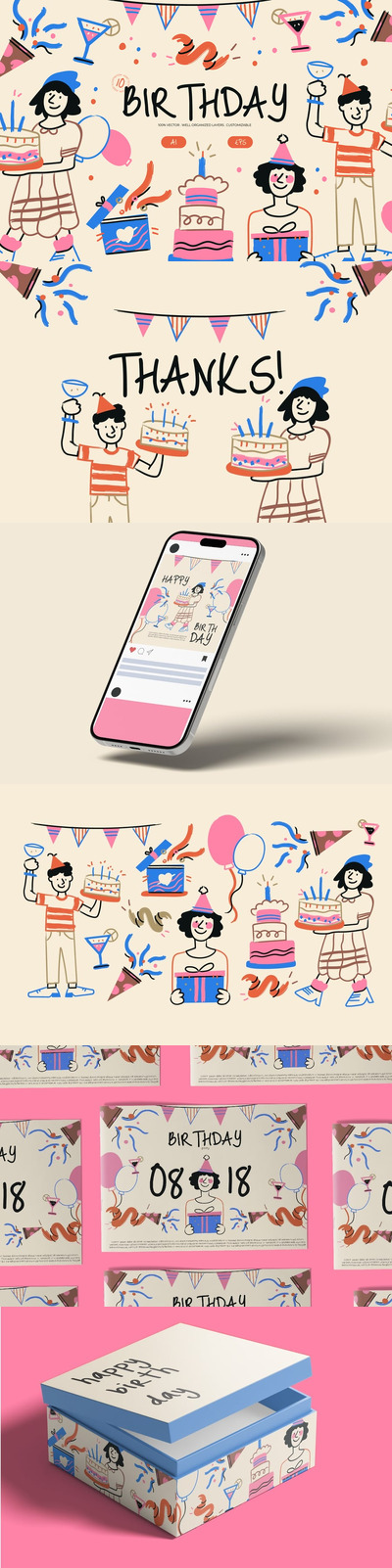 手绘生日庆祝矢量插画 (AI,EPS)