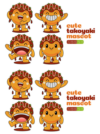 可爱的章鱼烧吉祥物矢量包 #01 (AI,EPS,PDF,JPG,SVG,PNG)