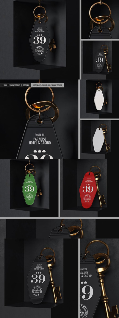 带复古金钥匙样机的酒店钥匙扣 (PSD)