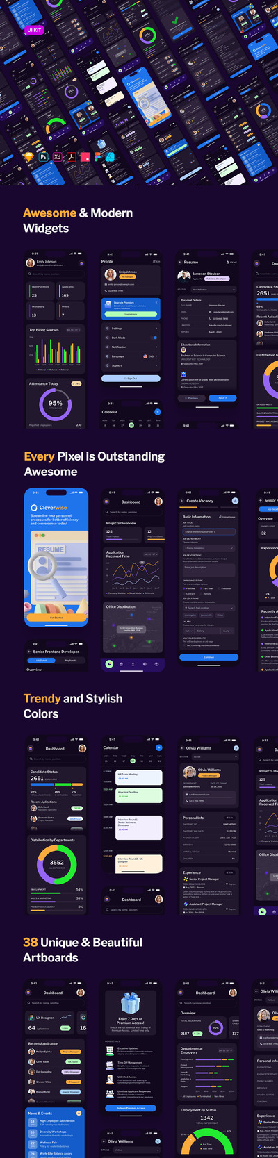 人力资源管理应用 APP UI KIT (XD,SKETCH,PSD,FIG)