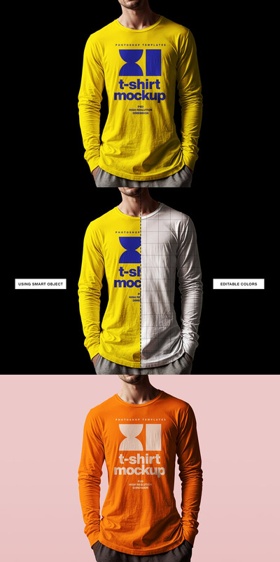 男士长袖 T 恤样机 (PSD)
