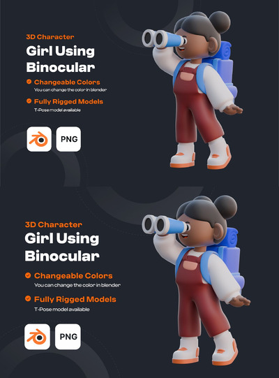 使用双目 3D 角色的女孩插画 (Blend,PNG)