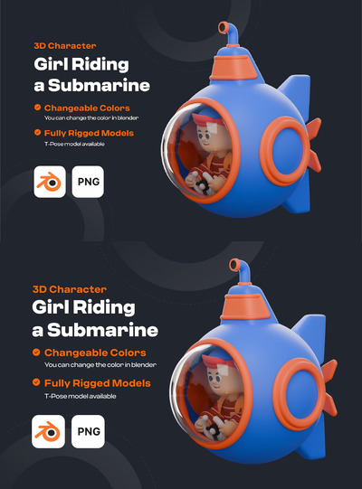 男孩骑潜艇 3D 角色插画 (Blend,PNG)