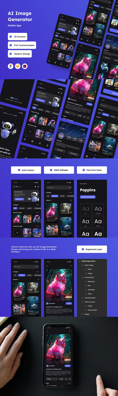 AI 图像生成器移动应用APP UI KIT (FIG,SKETCH,XD)
