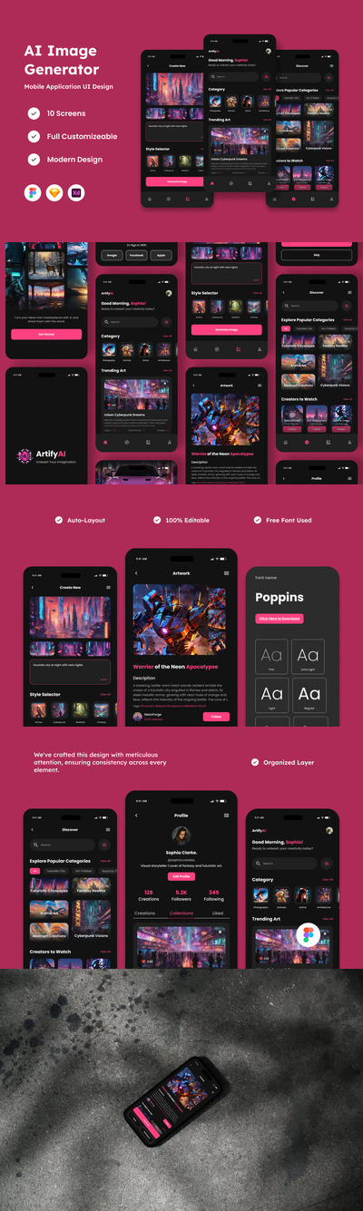 AI - 人工智能图像生成器移动应用APP UI KIT (FIG,SKETCH,XD)
