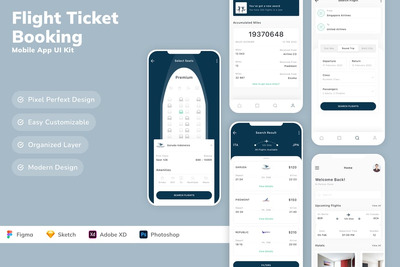 机票预订移动应用 APP UI KIT (SKETCH,FIG,XD,PSD)