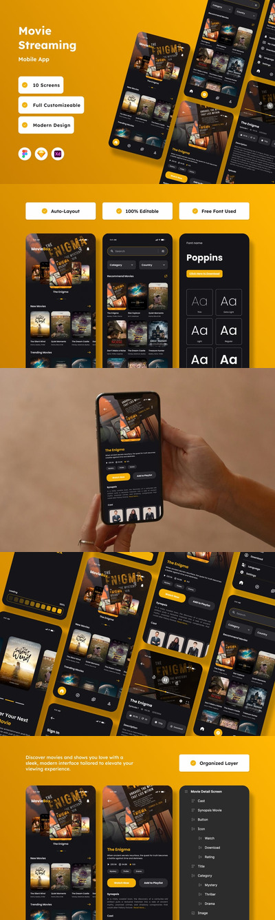 电影流媒体移动应用APP UI KIT (FIG,SKETCH,XD)