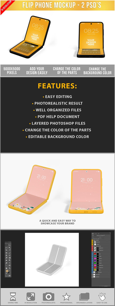 可折叠翻盖手机样机 (PSD)