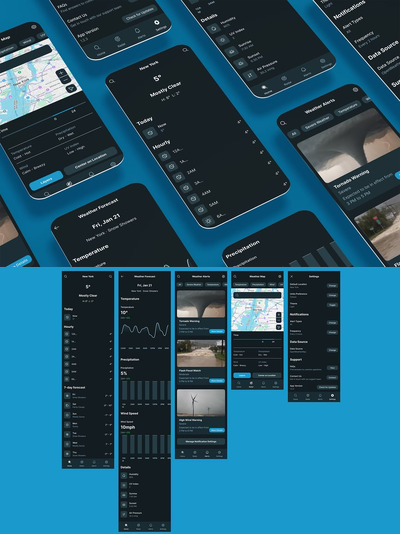 天气预报、警报和气候统计黑色应用APP UI KIT (FIG,XD,SVG,SKETCH,PSD)