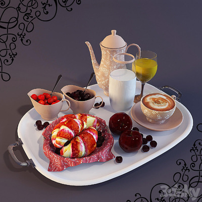 包含面包 水果 牛奶和咖啡的早餐组合3D模型（FBX,MAX）