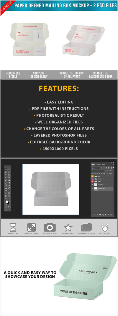 飞机盒纸质开放式邮寄盒样机 - 2 个 Photoshop 文件 (PSD)