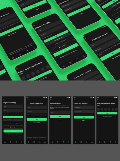 登录、登录和注册、密码屏幕黑色应用APP UI KIT (FIG,PSD,SKETCH,SVG,XD)