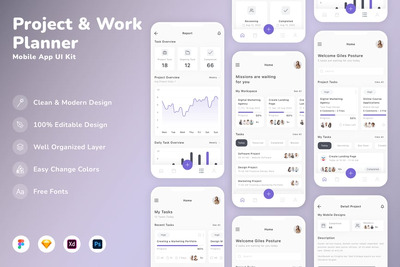 项目和工作规划器移动应用APP UI KIT (SKETCH,XD,FIG,PSD)