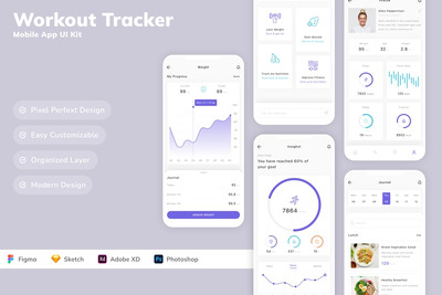 锻炼跟踪器移动应用APP UI KIT (SKETCH,FIG,XD,PSD)