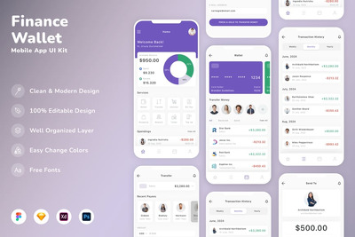 金融和钱包移动应用 APP UI KIT (SKETCH,FIG,XD,PSD)