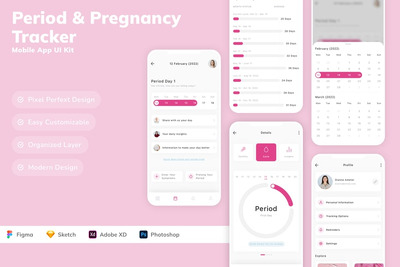 时期和怀孕跟踪器移动应用 APP UI KIT (SKETCH,FIG,XD,PSD)