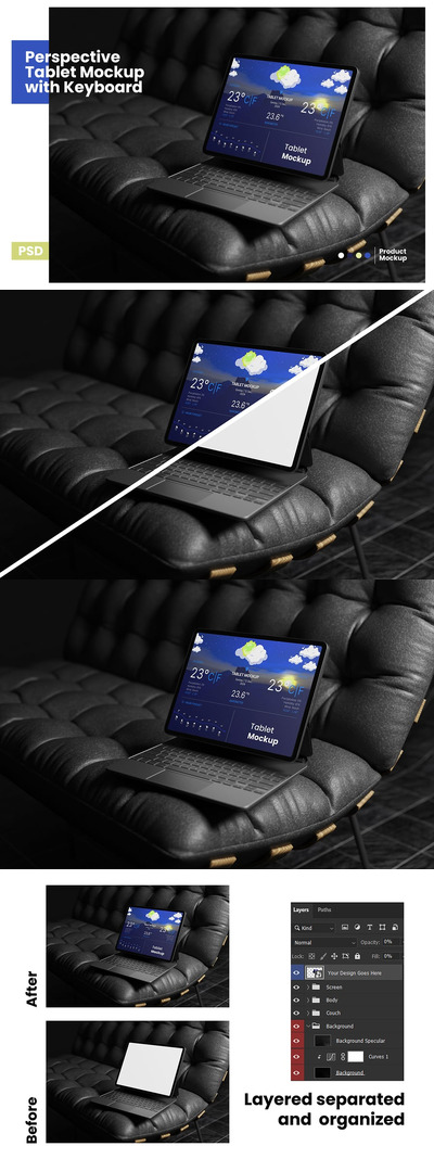带有键盘的透视平板电脑样机 (PSD)