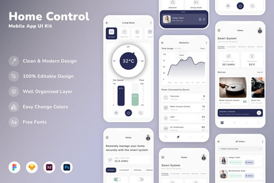 家庭控制移动应用APP UI KIT (SKETCH,FIG,XD,PSD)