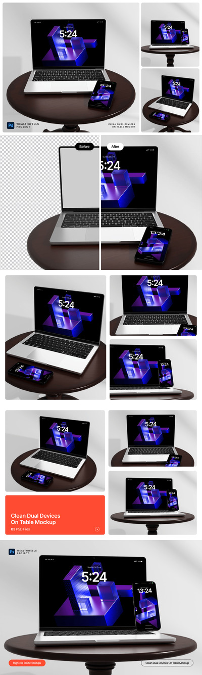 手机+电脑模型上的双设备样机 (PSD)