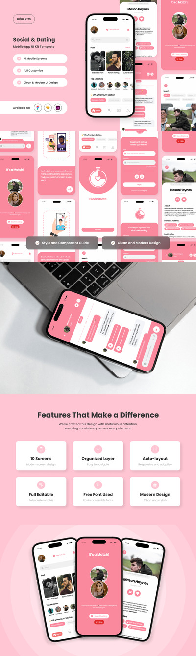 软且浪漫的约会应用APP UI KIT (FIG,SKETCH,XD)