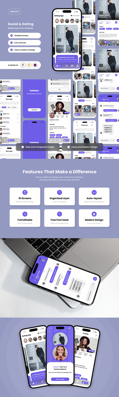 年轻的社交和约会应用APP UI KIT (FIG,SKETCH,XD)