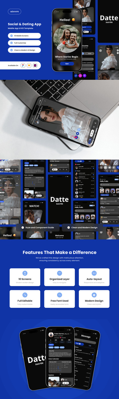 充满活力的约会和社交应用APP UI KIT (FIG,SKETCH,XD)