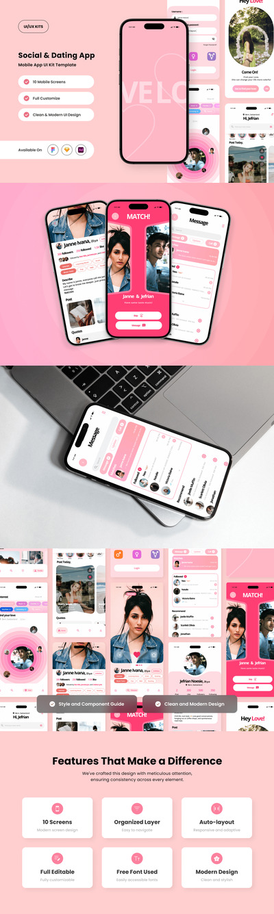 别致的社交与约会应用APP UI KIT (FIG,SKETCH,XD)