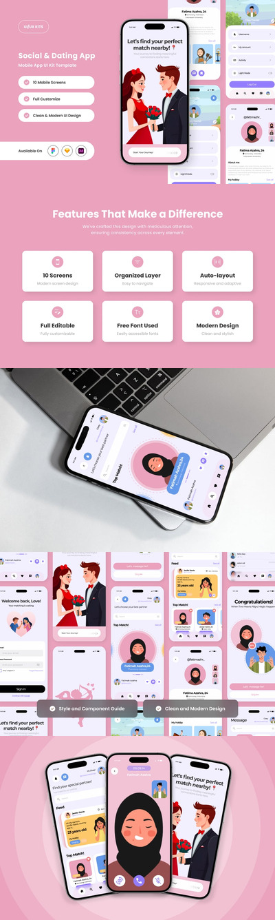 浪漫的社交和约会应用APP UI KIT (FIG,SKETCH,XD)