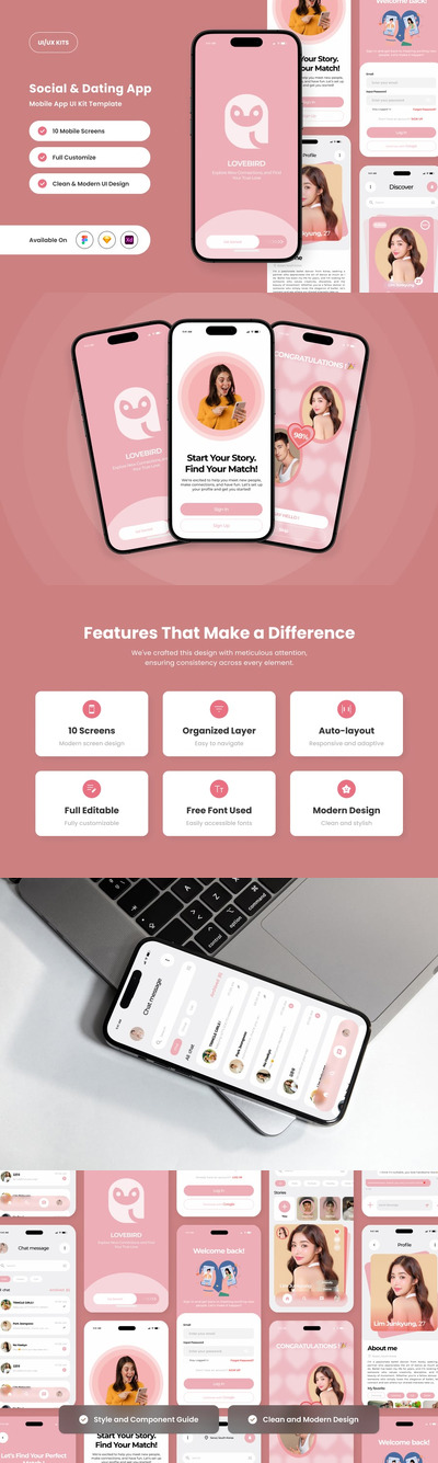 优雅的社交和约会应用APP UI KIT (FIG,SKETCH,XD)