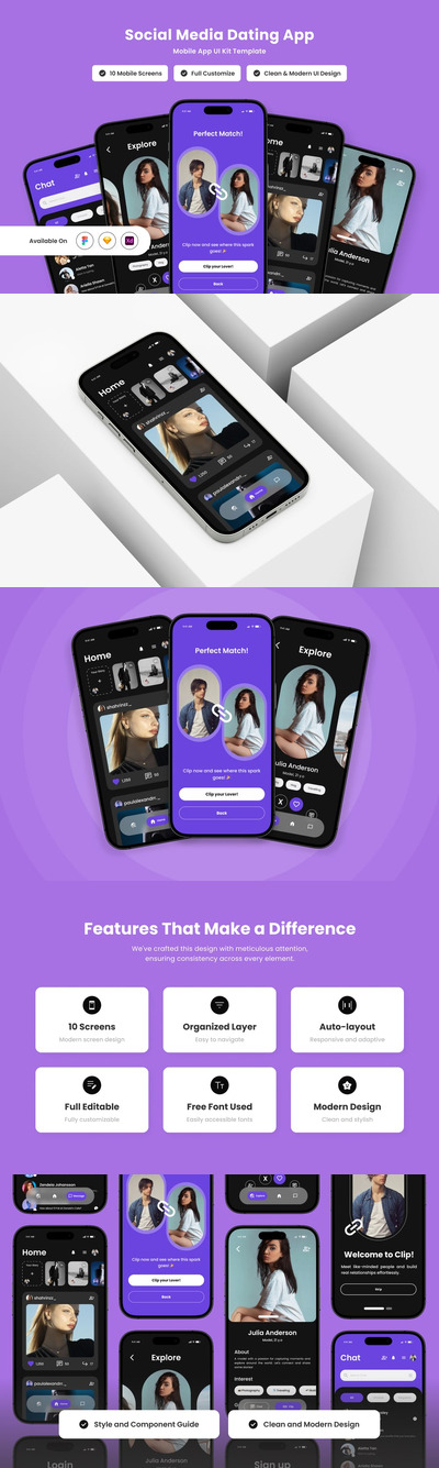 直观的社交约会应用APP UI KIT (FIG,SKETCH,XD)