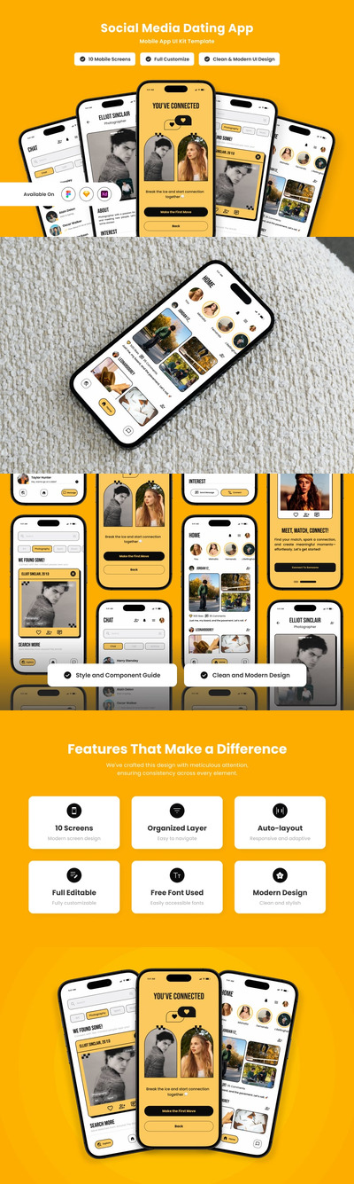 复​​古社交约会移动应用APP UI KIT (FIG,SKETCH,XD)