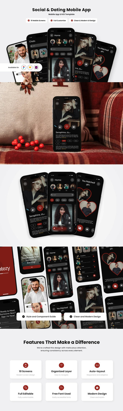 现代社会约会应用APP UI KIT (FIG,SKETCH,XD)