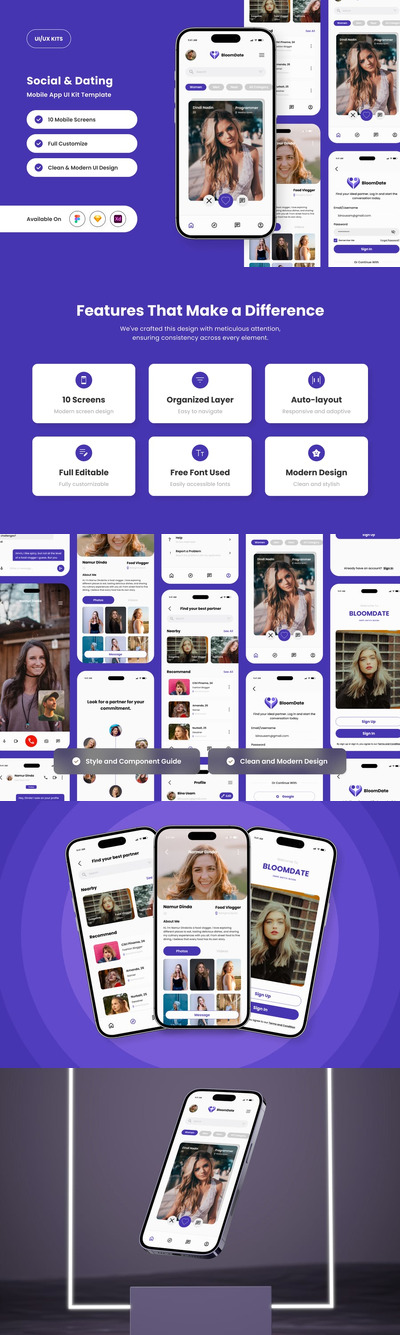 现代且有趣的约会应用APP UI KIT (FIG,XD,SKETCH)