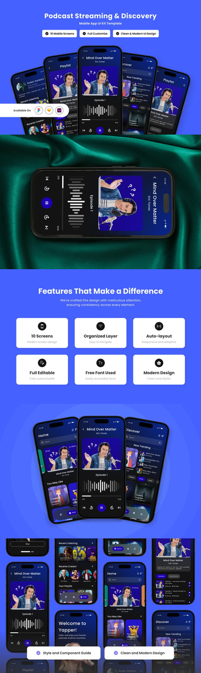 时尚和直观的播客应用APP UI KIT (FIG,SKETCH,XD)