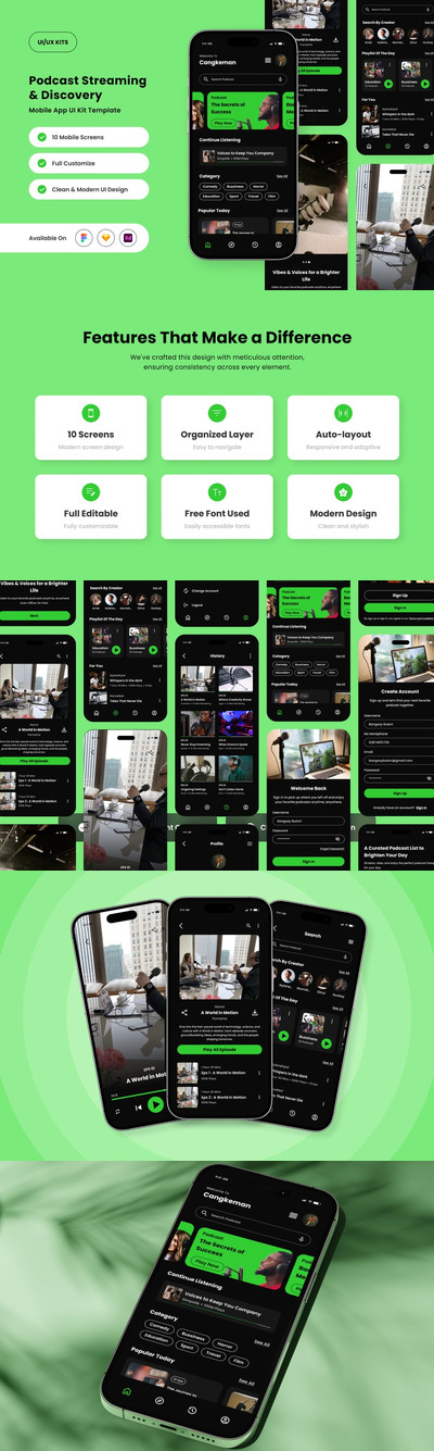 大胆的播客流应用APP UI KIT (FIG,SKETCH,XD)