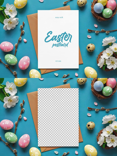 用鸡蛋和花模型的复活节卡样机 (PSD)