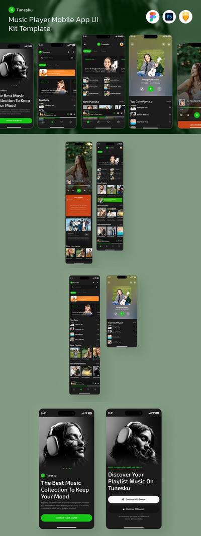 音乐播放器流应用APP UI KIT (FIG,PSD,SKETCH)