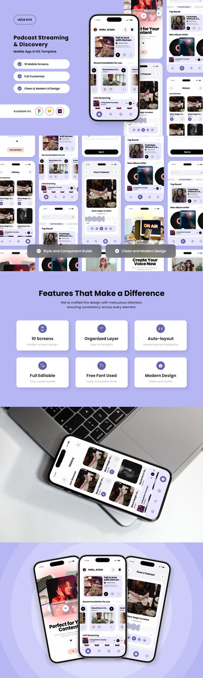 光滑的播客流应用APP UI KIT (FIG,SKETCH,XD)