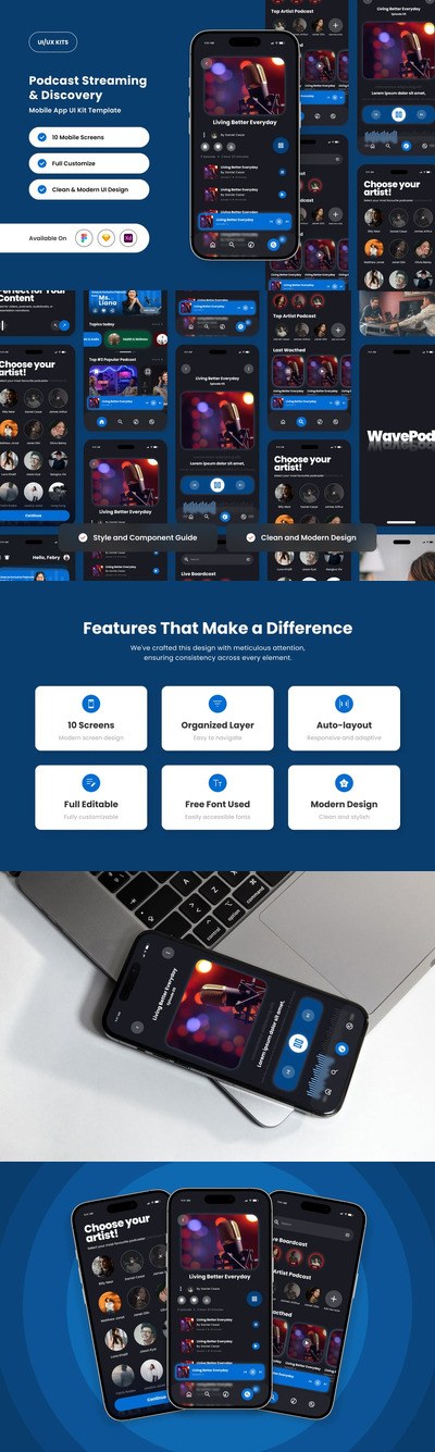极简主义播客流应用程序UI套件 (FIG,SKETCH,XD)