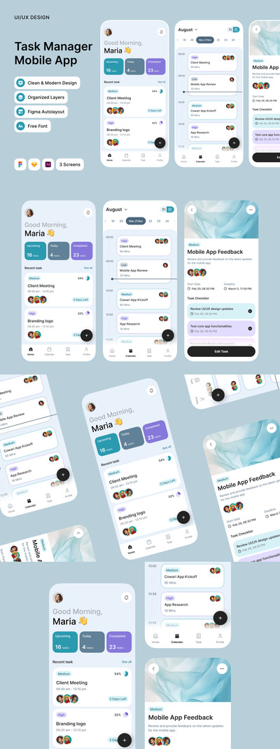 现代任务管理器移动应用APP UI KIT (FIG,SKETCH,XD)