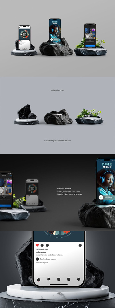 iPhone 16岩石模型套装样机 (PSD)