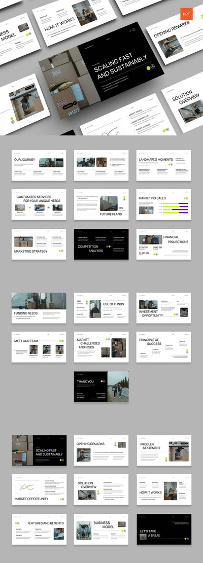 白色绿色黑色现代极简主义俯仰甲板PPT模板 (PPT,PPTX)